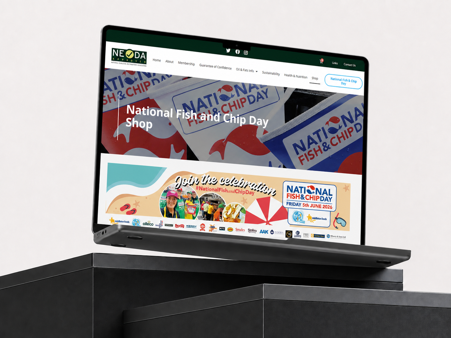 NEODA About page presented on an iPad in a styled setting