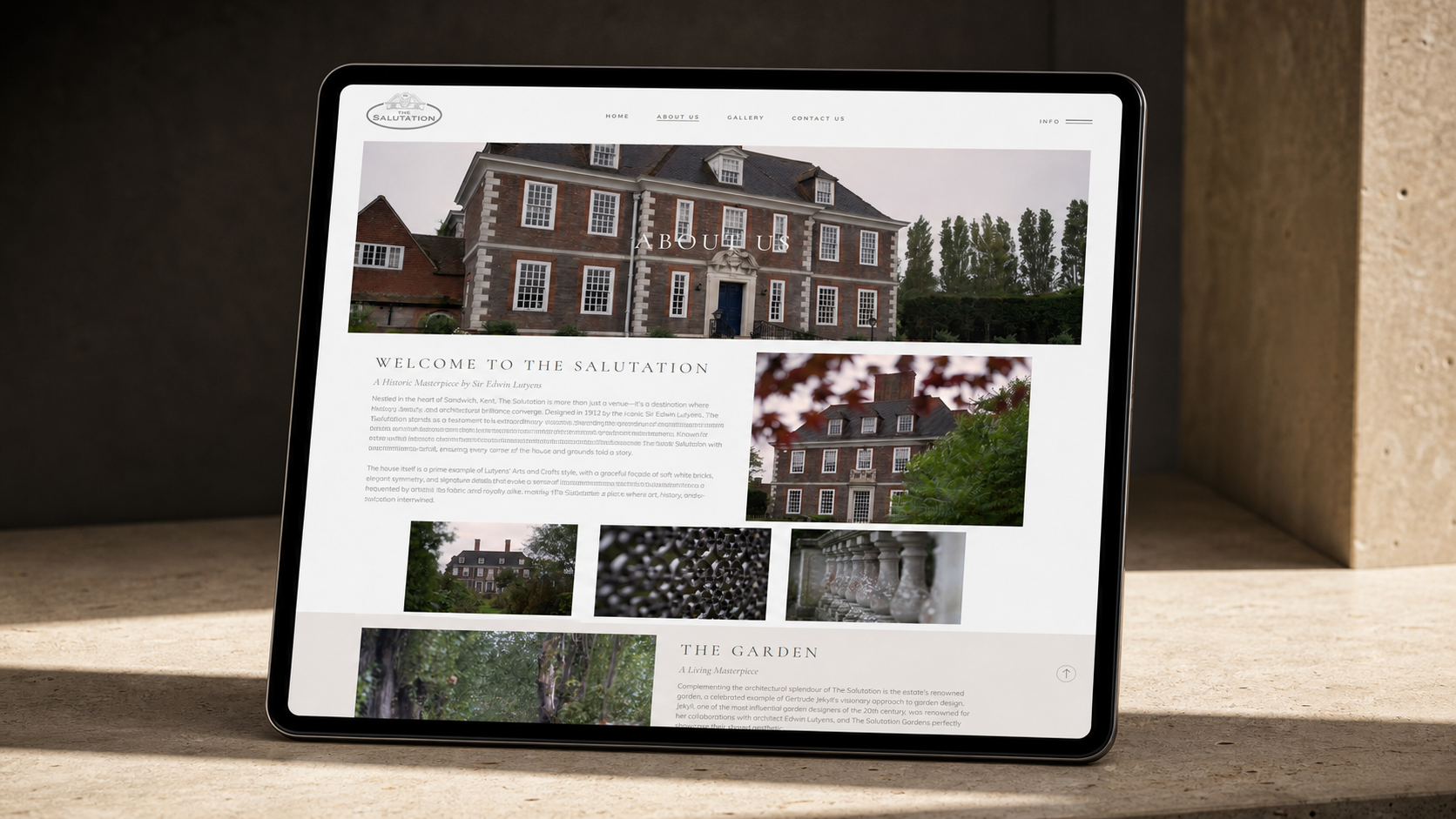 The Salutation Kent About page presented on an iPad in a styled setting